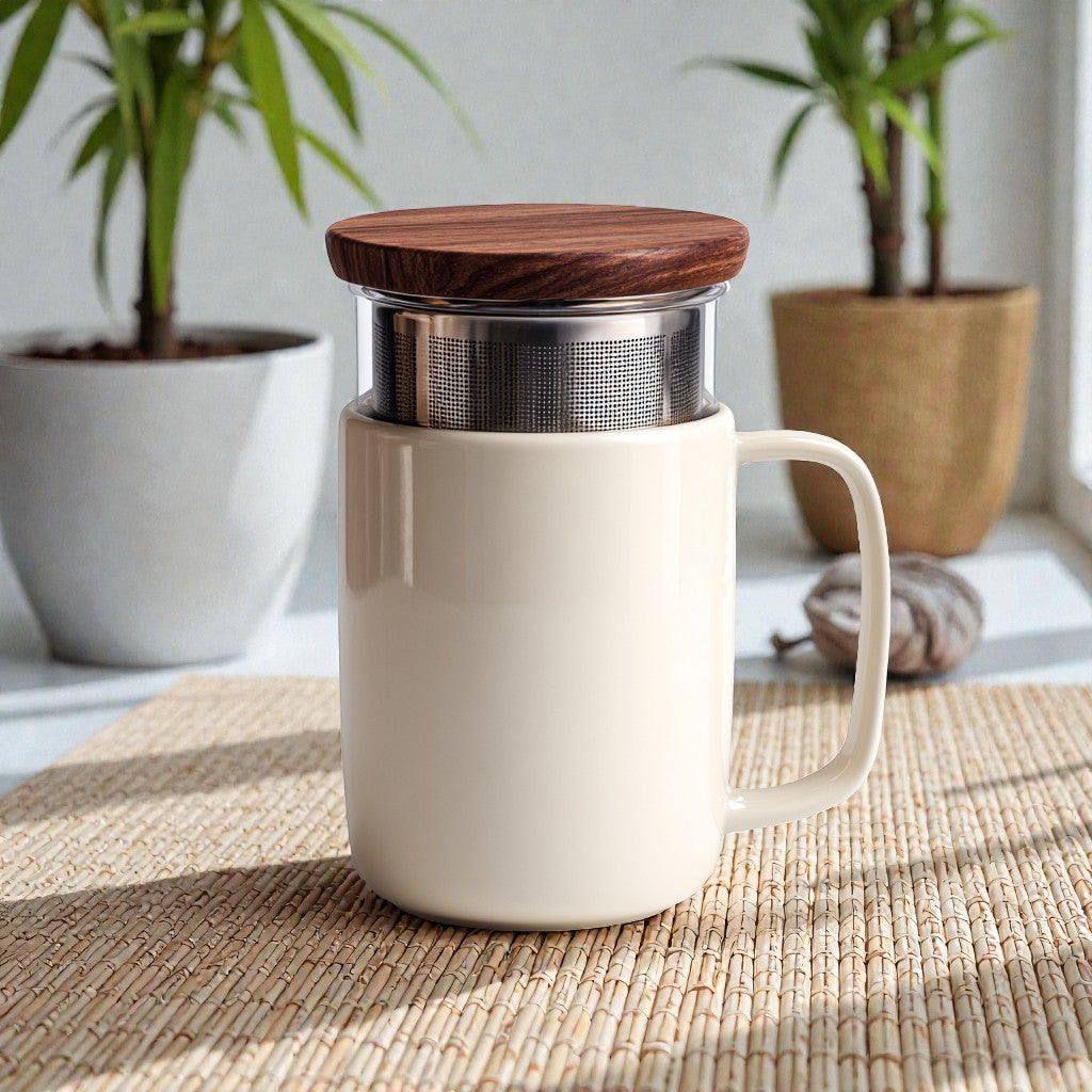 Ceramic Tea Infuser Mug with Walnut Lid & Steeper